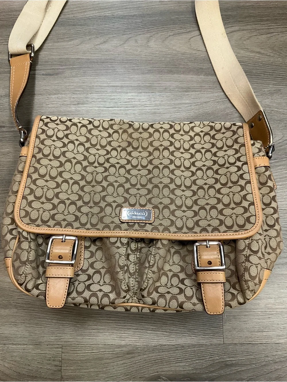 Coach Beige & Tan Signature Canvas Crossbody Bag
